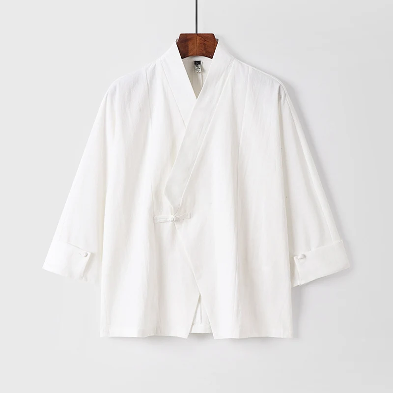 Herren Leinen-Kimono-Jacke mit traditionellem Knotenverschluss und mittel-langen Ärmeln Drune