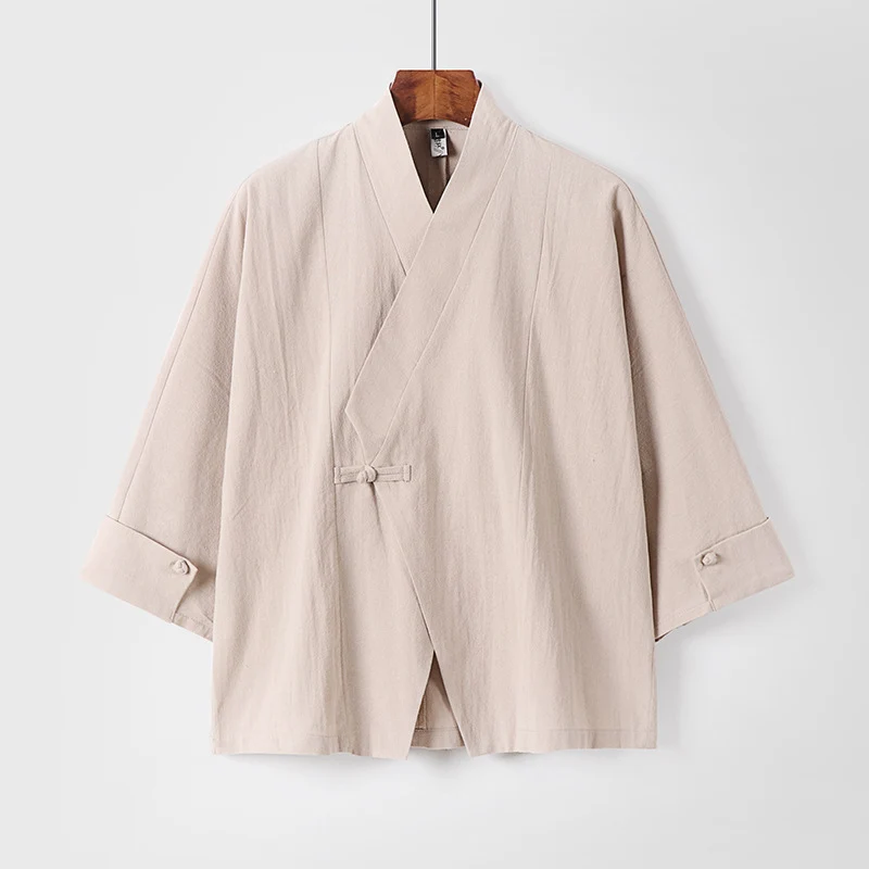 Herren Leinen-Kimono-Jacke mit traditionellem Knotenverschluss und mittel-langen Ärmeln Drune