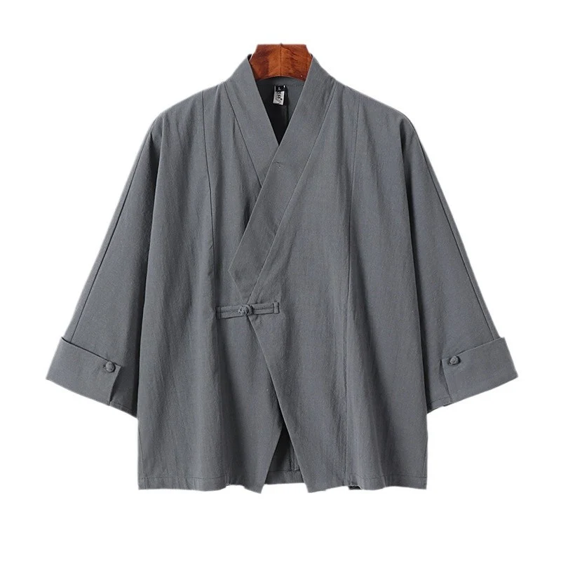 Herren Leinen-Kimono-Jacke mit traditionellem Knotenverschluss und mittel-langen Ärmeln Drune
