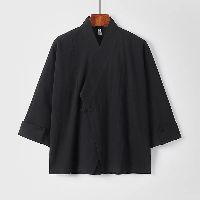 Herren Leinen-Kimono-Jacke mit traditionellem Knotenverschluss und mittel-langen Ärmeln Drune