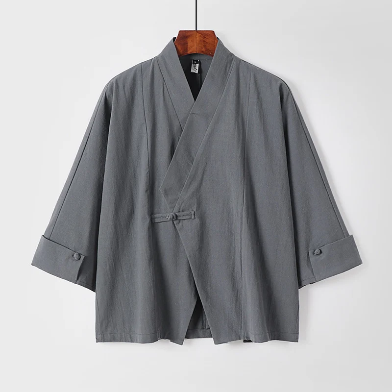 Herren Leinen-Kimono-Jacke mit traditionellem Knotenverschluss und mittel-langen Ärmeln Drune
