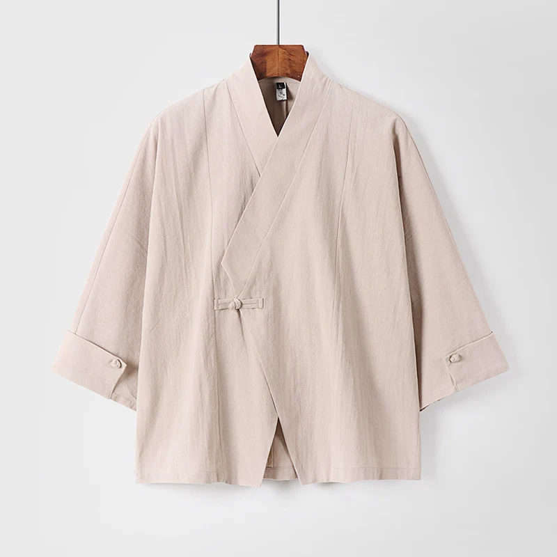 Herren Leinen-Kimono-Jacke mit traditionellem Knotenverschluss und mittel-langen Ärmeln Drune