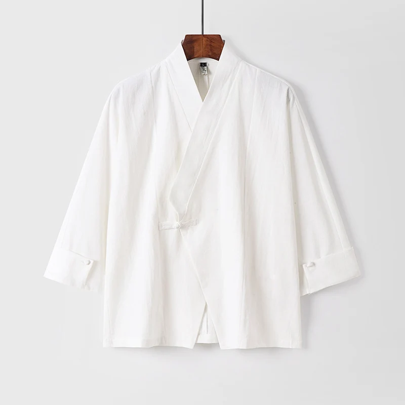 Herren Leinen-Kimono-Jacke mit traditionellem Knotenverschluss und mittel-langen Ärmeln Drune