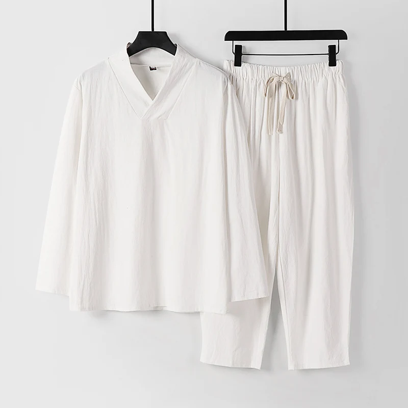 Herren Leichtes, weites Loungewear-Set mit V-Ausschnitt und Kordelbund Drune