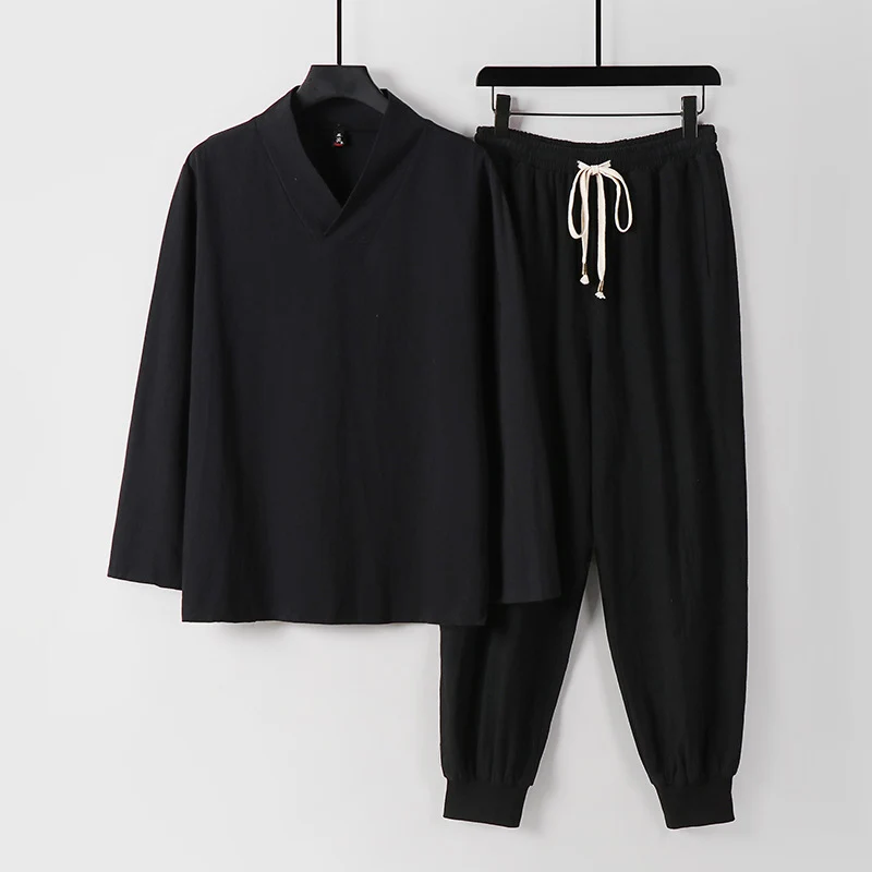 Herren Leichtes Kimono-Loungewear-Set aus Baumwollmix mit V‑Ausschnitt und elastischer Bündchenhose Drune