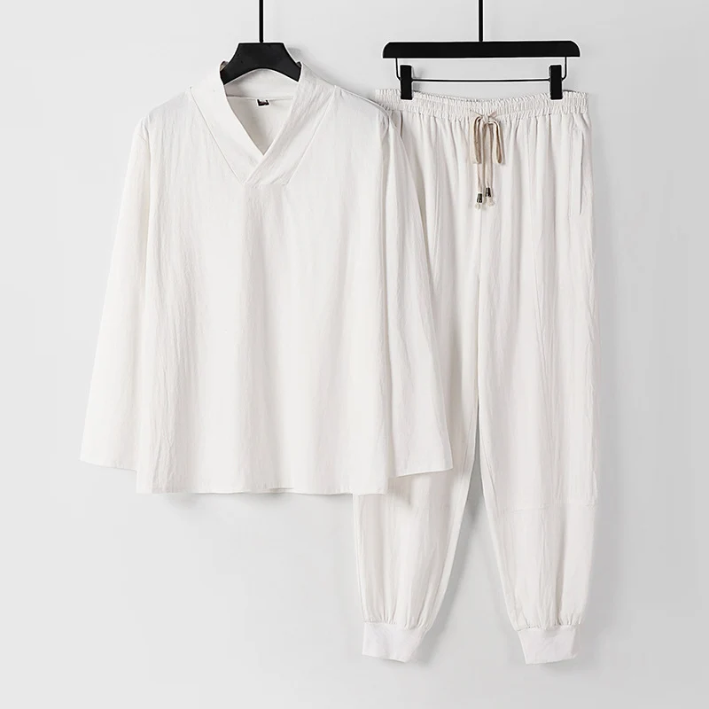 Herren Leichtes Kimono-Loungewear-Set aus Baumwollmix mit V‑Ausschnitt und elastischer Bündchenhose Drune