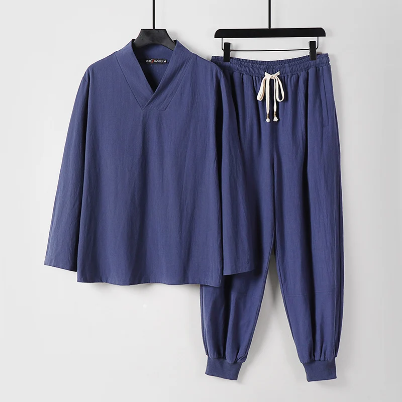 Herren Leichtes Kimono-Loungewear-Set aus Baumwollmix mit V‑Ausschnitt und elastischer Bündchenhose Drune