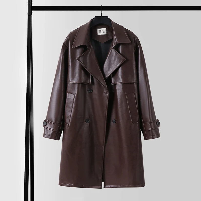 Herren Lederimitat-Trenchcoat mit Doppelreiher, Oversize-Schnitt und Manschettenriegel Drune