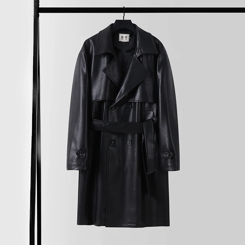 Herren Lederimitat-Trenchcoat mit Doppelreiher, Oversize-Schnitt und Manschettenriegel Drune