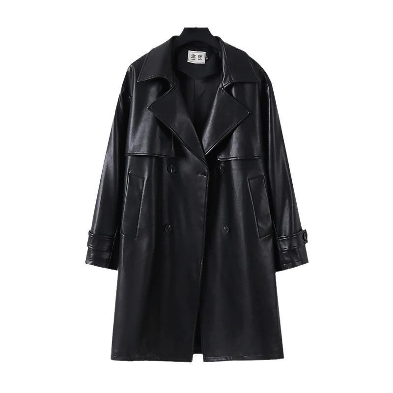 Herren Lederimitat-Trenchcoat mit Doppelreiher, Oversize-Schnitt und Manschettenriegel Drune