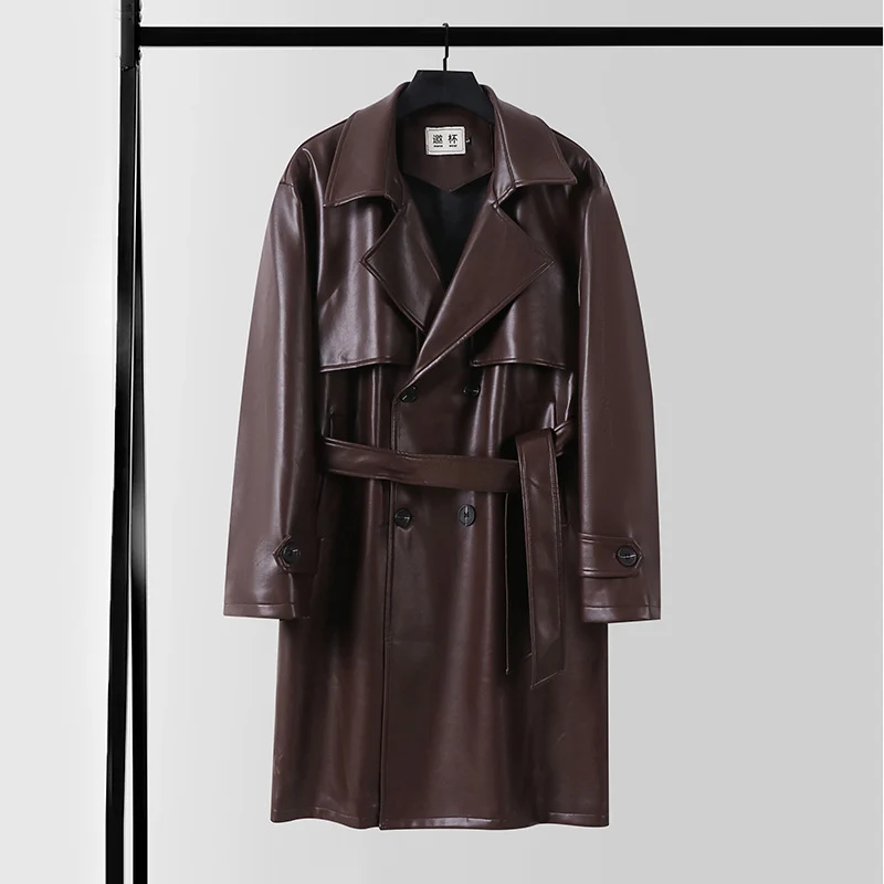 Herren Lederimitat-Trenchcoat mit Doppelreiher, Oversize-Schnitt und Manschettenriegel Drune