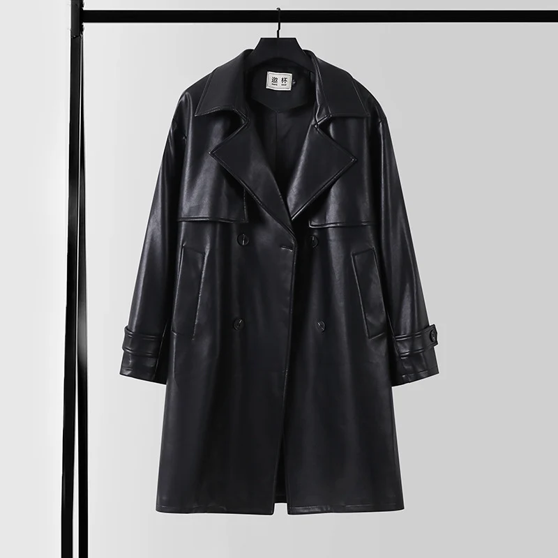 Herren Lederimitat-Trenchcoat mit Doppelreiher, Oversize-Schnitt und Manschettenriegel Drune