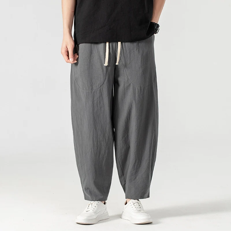 Herren Lässige Leinen-Baumwoll-Hose mit weitem Bein, Kordelzug und aufgesetzten Taschen Drune
