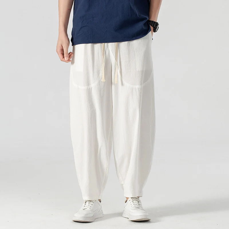 Herren Lässige Leinen-Baumwoll-Hose mit weitem Bein, Kordelzug und aufgesetzten Taschen Drune
