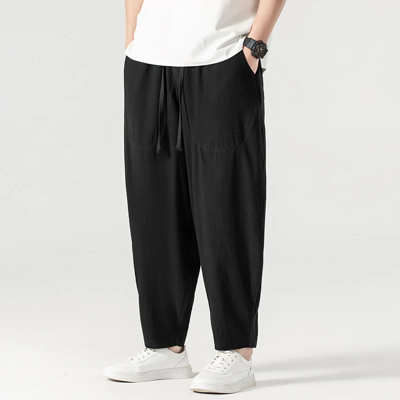 Herren Lässige Leinen-Baumwoll-Hose mit weitem Bein, Kordelzug und aufgesetzten Taschen Drune