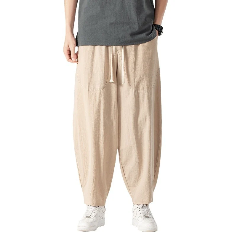 Herren Lässige Leinen-Baumwoll-Hose mit weitem Bein, Kordelzug und aufgesetzten Taschen Drune
