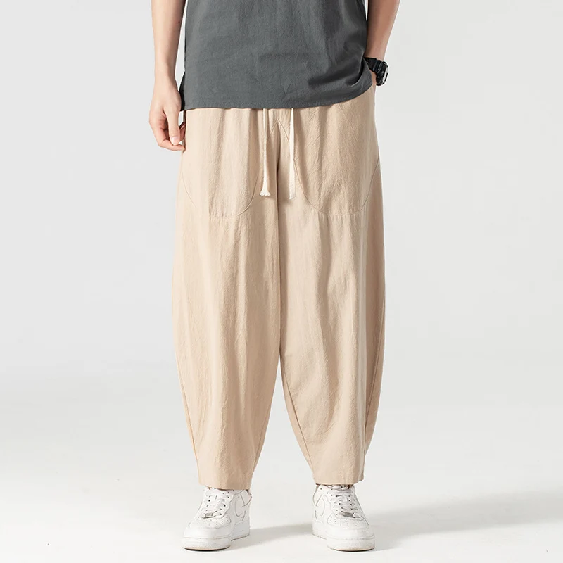 Herren Lässige Leinen-Baumwoll-Hose mit weitem Bein, Kordelzug und aufgesetzten Taschen Drune
