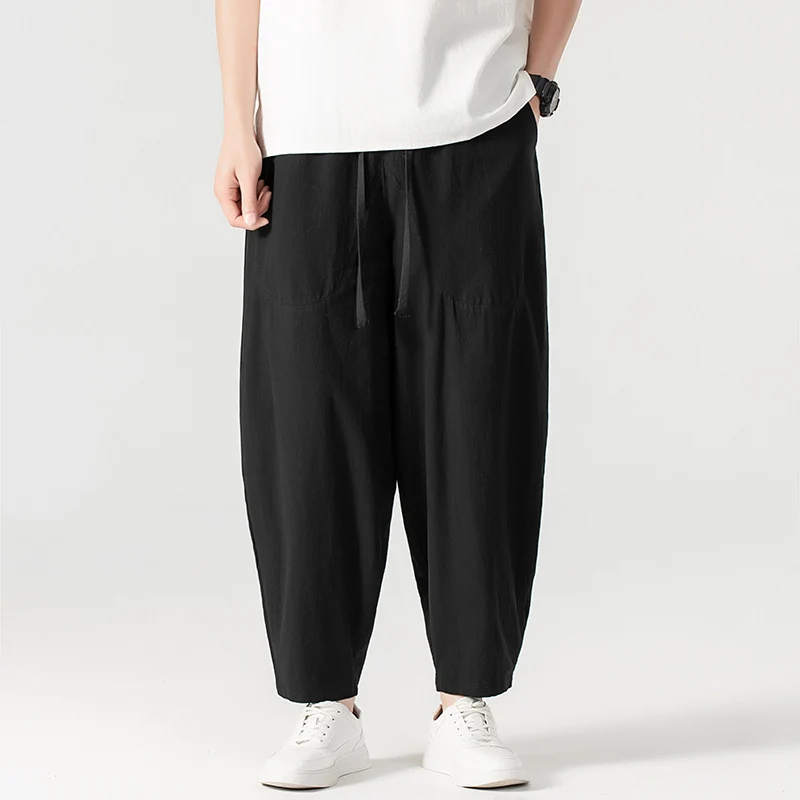 Herren Lässige Leinen-Baumwoll-Hose mit weitem Bein, Kordelzug und aufgesetzten Taschen Drune