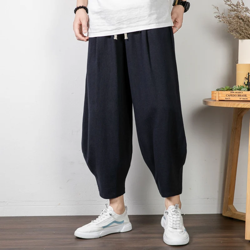 Herren Lässige Cropped Haremshose aus Baumwollmix mit Tunnelzug und gerippten Knöchelbündchen Drune