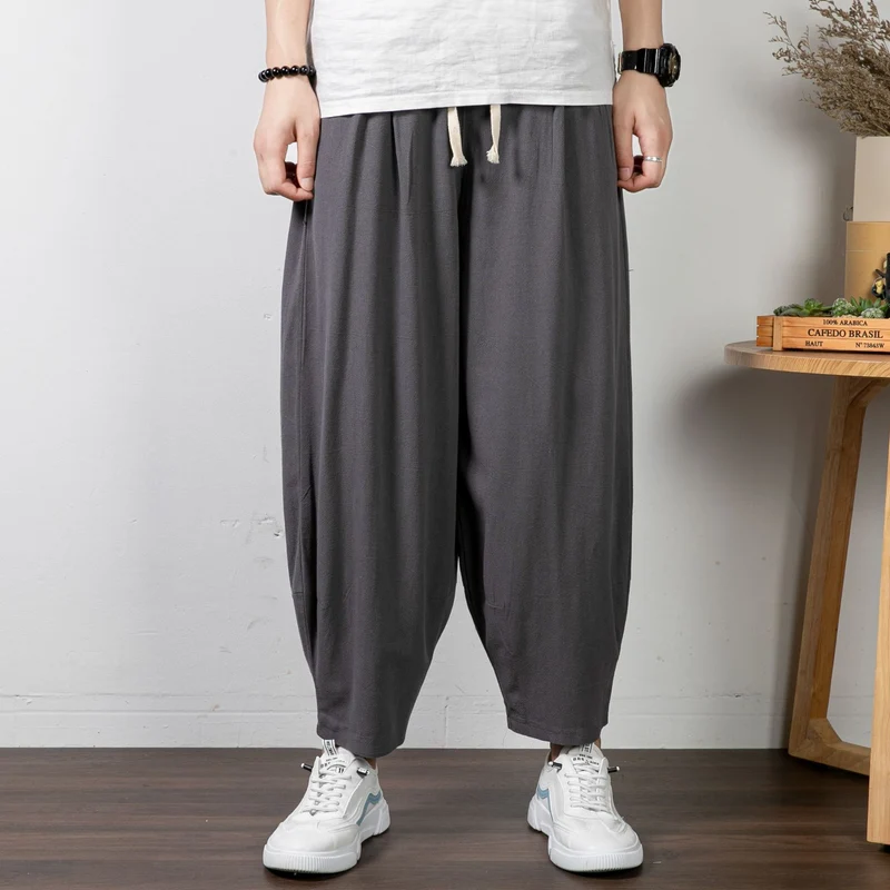 Herren Lässige Cropped Haremshose aus Baumwollmix mit Tunnelzug und gerippten Knöchelbündchen Drune