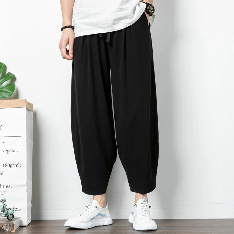 Herren Lässige Cropped Haremshose aus Baumwollmix mit Tunnelzug und gerippten Knöchelbündchen Drune