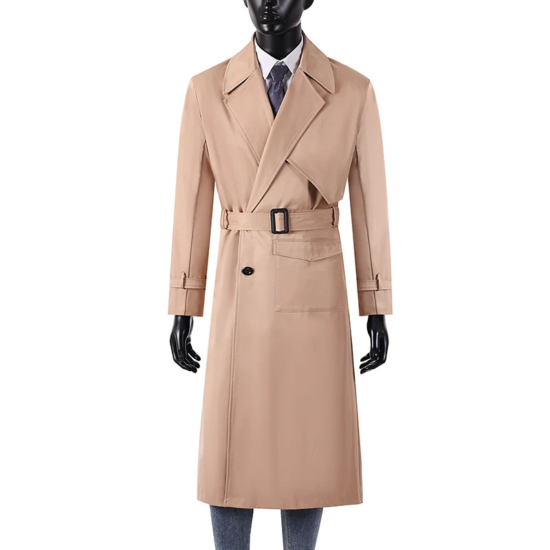 Herren Langmantel im Trenchcoat-Stil mit Sturmklappe, asymmetrischen Taschen und klassischem Revers Drune