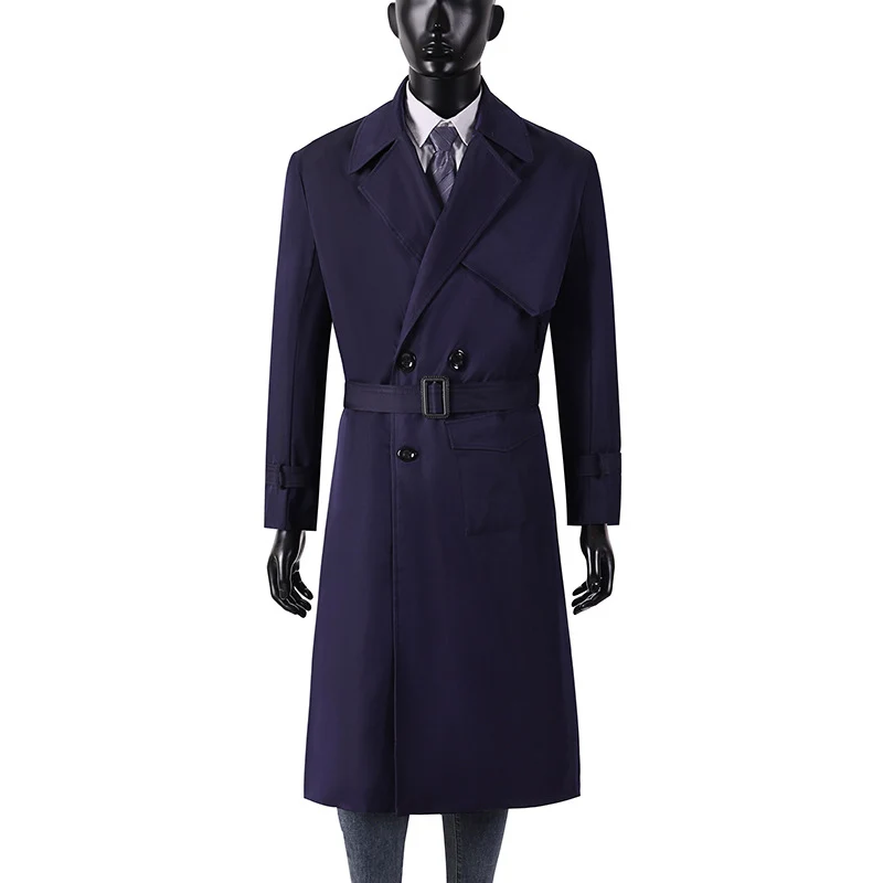 Herren Langmantel im Trenchcoat-Stil mit Sturmklappe, asymmetrischen Taschen und klassischem Revers Drune