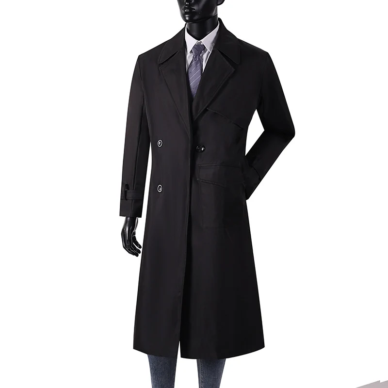 Herren Langmantel im Trenchcoat-Stil mit Sturmklappe, asymmetrischen Taschen und klassischem Revers Drune