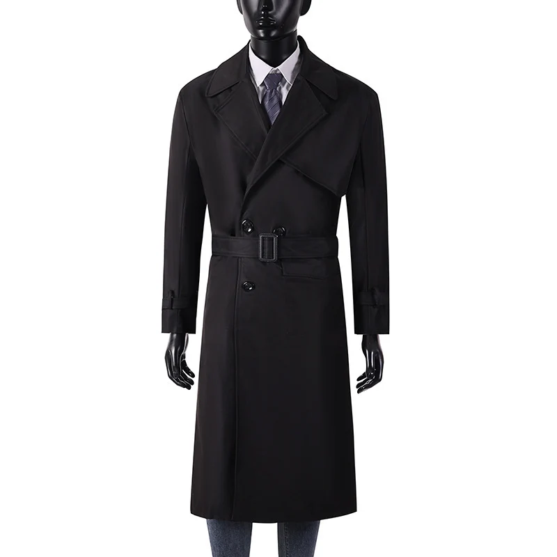 Herren Langmantel im Trenchcoat-Stil mit Sturmklappe, asymmetrischen Taschen und klassischem Revers Drune