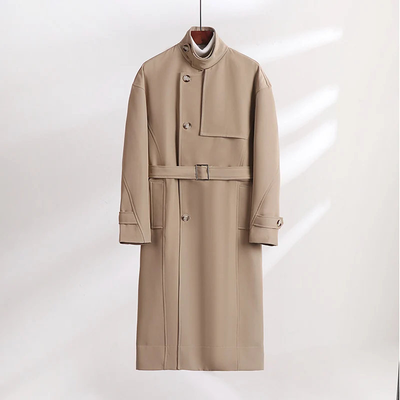 Herren Langgeschnittener Minimalistischer Trenchcoat mit Schalkragen und verstellbaren Ärmelriemen Drune