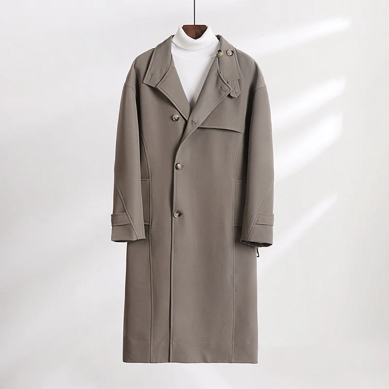 Herren Langgeschnittener Minimalistischer Trenchcoat mit Schalkragen und verstellbaren Ärmelriemen Drune