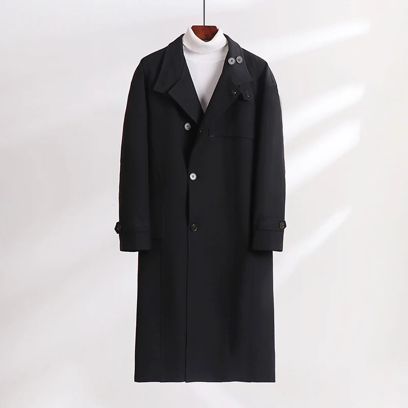 Herren Langgeschnittener Minimalistischer Trenchcoat mit Schalkragen und verstellbaren Ärmelriemen Drune