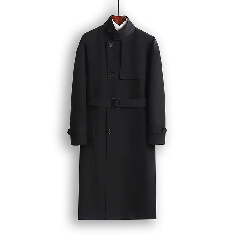Herren Langgeschnittener Minimalistischer Trenchcoat mit Schalkragen und verstellbaren Ärmelriemen Drune