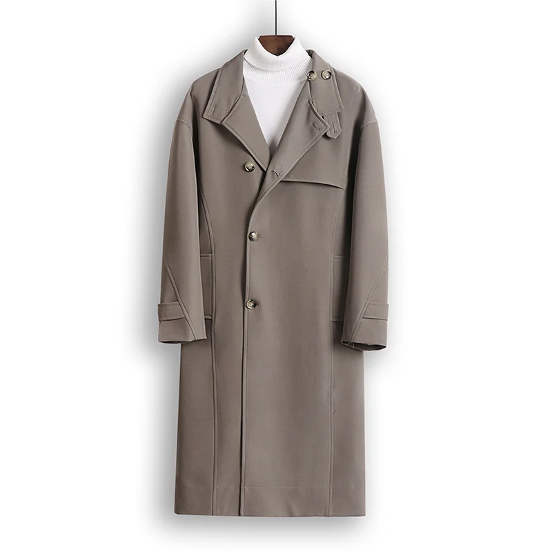 Herren Langgeschnittener Minimalistischer Trenchcoat mit Schalkragen und verstellbaren Ärmelriemen Drune