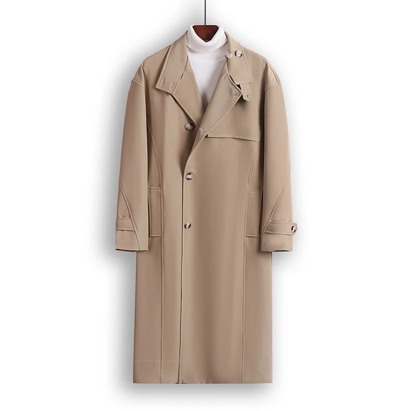 Herren Langgeschnittener Minimalistischer Trenchcoat mit Schalkragen und verstellbaren Ärmelriemen Drune