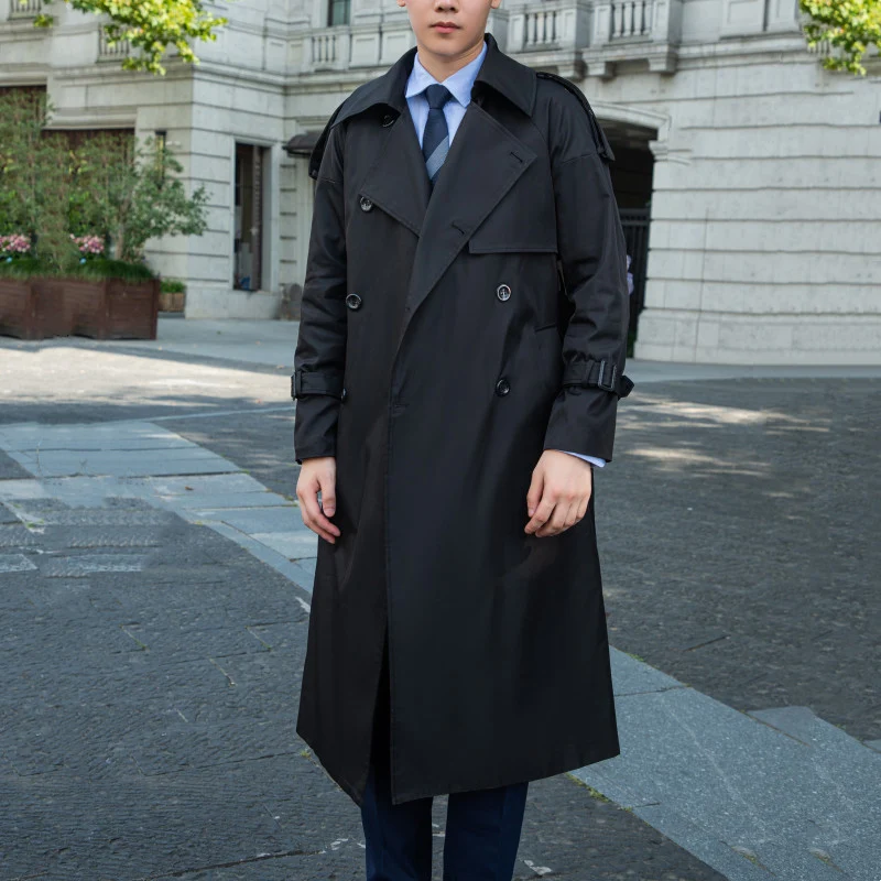Herren langer zweireihiger Trenchcoat mit klassischem Revers, Gürtel und Schulterklappen Drune