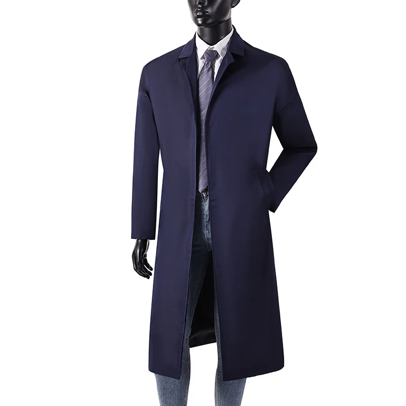 Herren Langer Minimalistischer Trenchcoat mit verdeckter Knopfleiste und Seitentaschen Drune