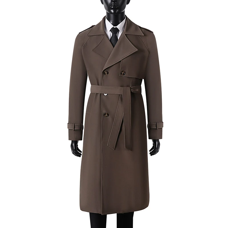 Herren Langer Minimalistischer Trenchcoat mit Sturmklappe Taillengürtel und verstellbaren Manschetten Drune