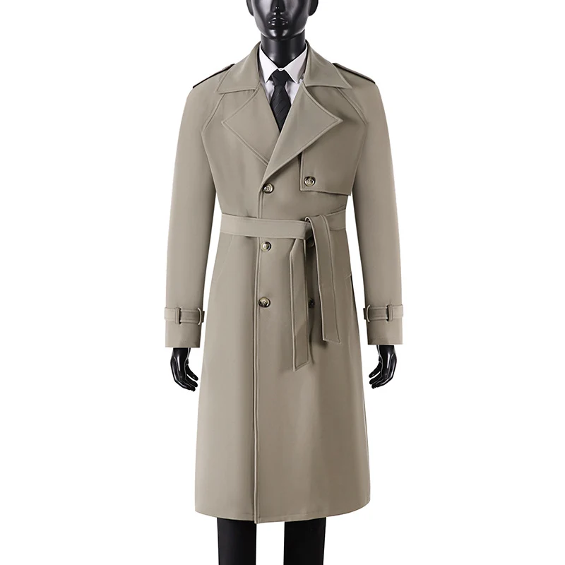 Herren Langer Minimalistischer Trenchcoat mit Sturmklappe Taillengürtel und verstellbaren Manschetten Drune