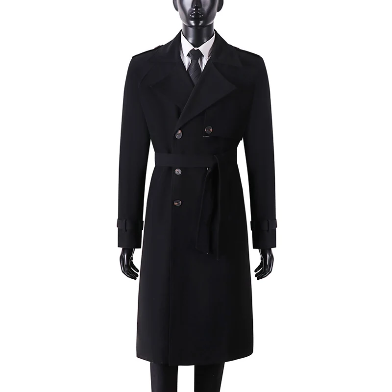 Herren Langer Minimalistischer Trenchcoat mit Sturmklappe Taillengürtel und verstellbaren Manschetten Drune