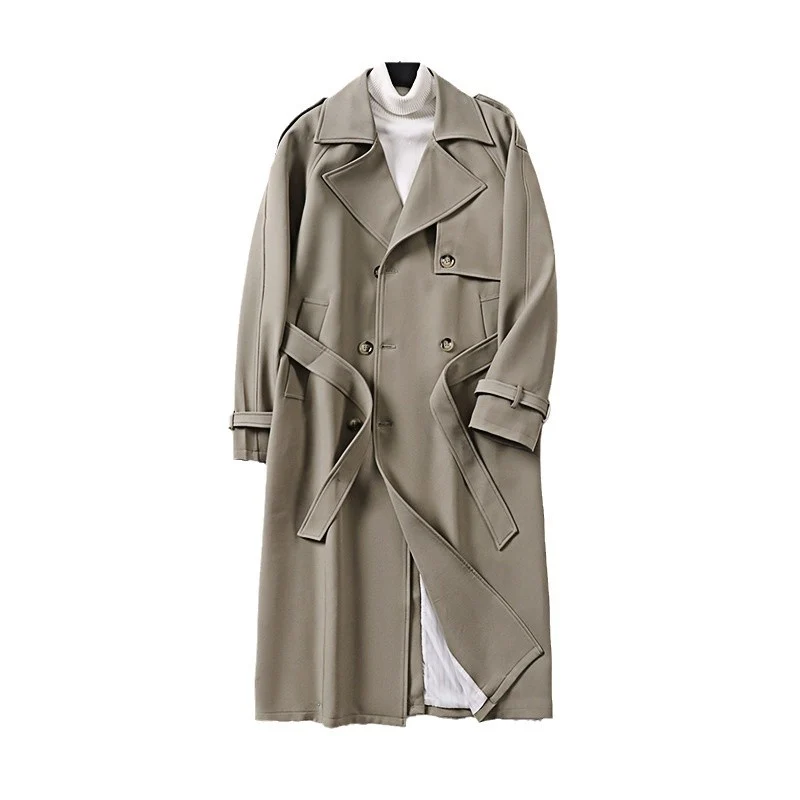 Herren Langer Minimalistischer Trenchcoat mit Sturmklappe Taillengürtel und verstellbaren Manschetten Drune