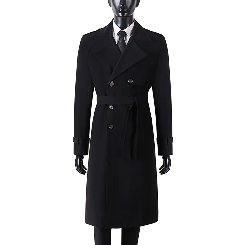 Herren Langer Minimalistischer Trenchcoat mit Sturmklappe Taillengürtel und verstellbaren Manschetten Drune