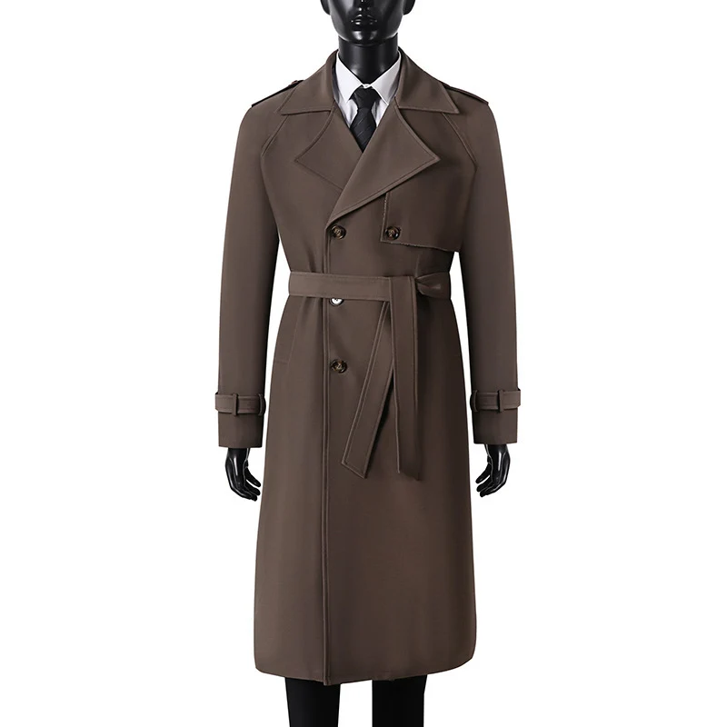 Herren Langer Minimalistischer Trenchcoat mit Sturmklappe Taillengürtel und verstellbaren Manschetten Drune