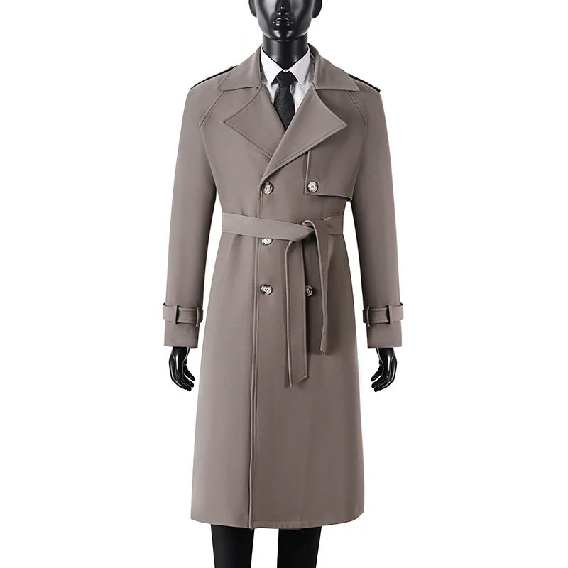 Herren Langer Minimalistischer Trenchcoat mit Sturmklappe Taillengürtel und verstellbaren Manschetten Drune