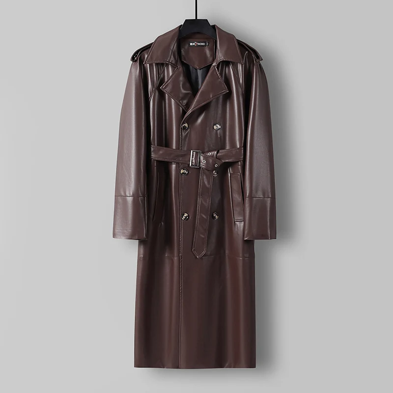 Herren Langer Kunstleder-Trenchcoat mit Doppelreiher, Taillengürtel und Schulterklappen Drune
