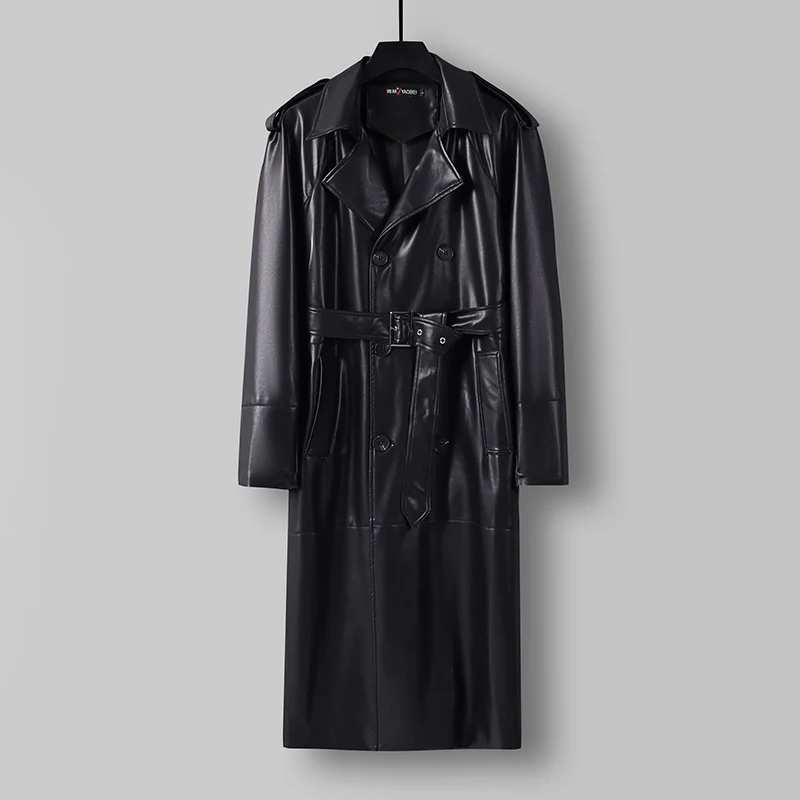 Herren Langer Kunstleder-Trenchcoat mit Doppelreiher, Taillengürtel und Schulterklappen Drune