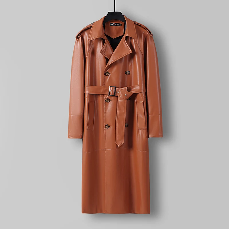 Herren Langer Kunstleder-Trenchcoat mit Doppelreiher, Taillengürtel und Schulterklappen Drune
