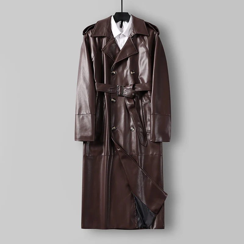 Herren Langer Kunstleder-Trenchcoat mit Doppelreiher, Taillengürtel und Schulterklappen Drune