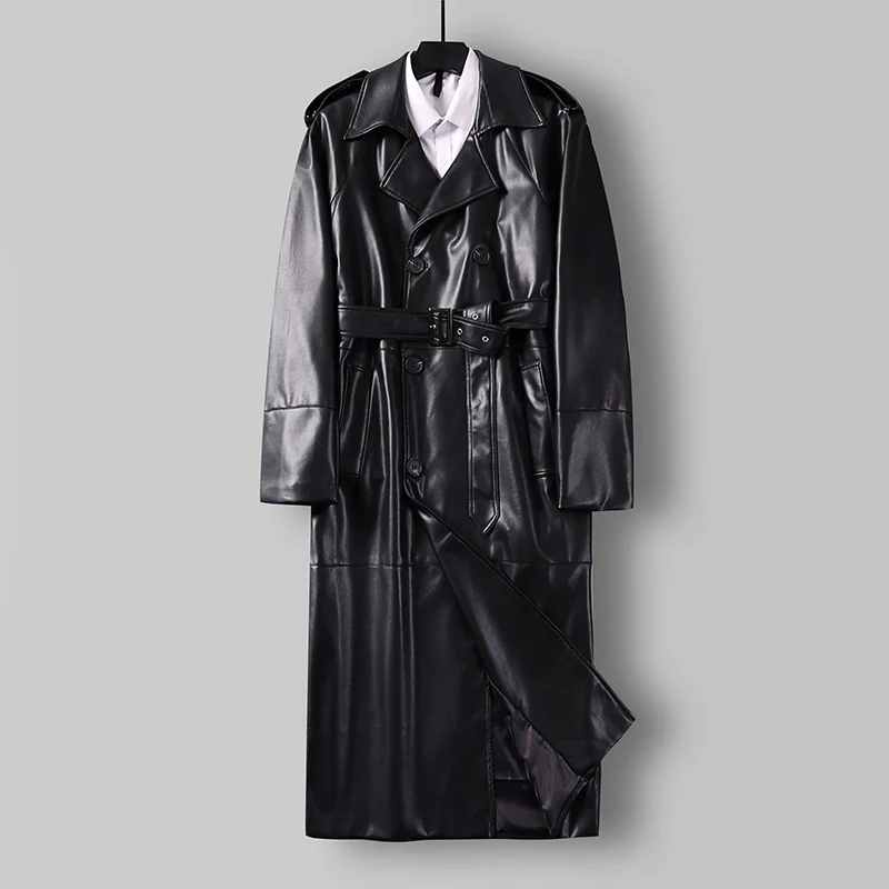 Herren Langer Kunstleder-Trenchcoat mit Doppelreiher, Taillengürtel und Schulterklappen Drune