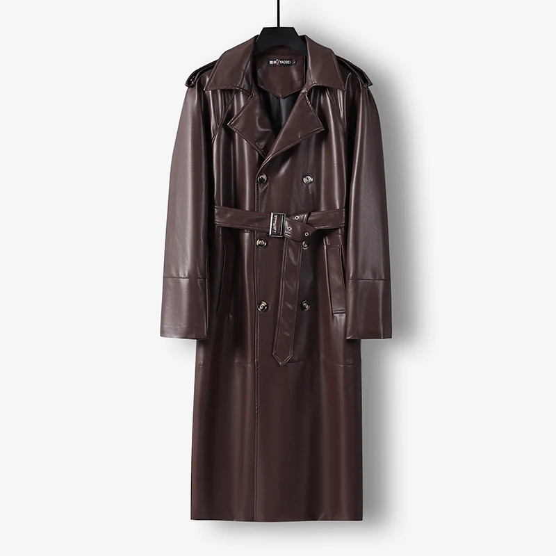 Herren Langer Kunstleder-Trenchcoat mit Doppelreiher, Taillengürtel und Schulterklappen Drune